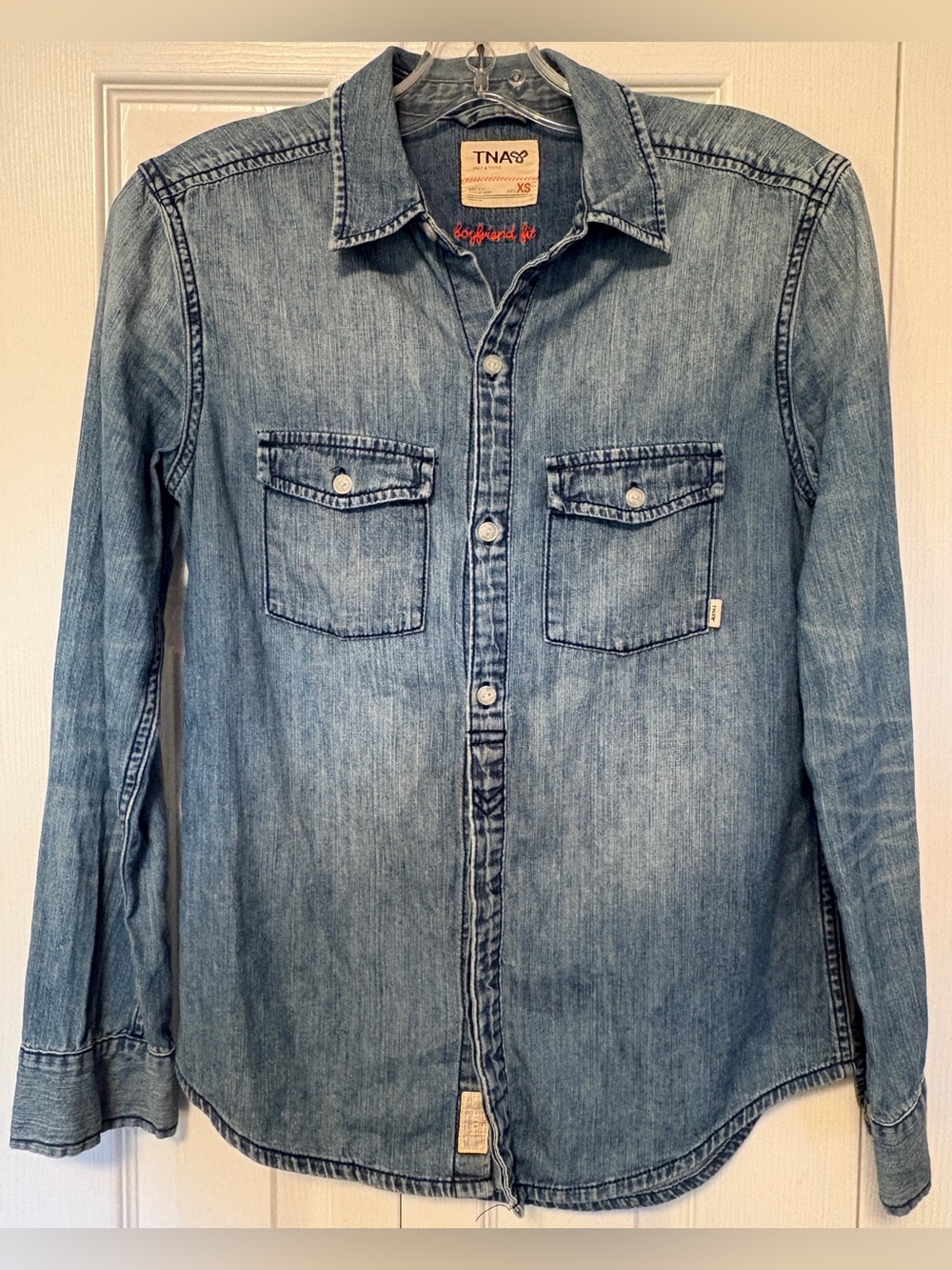 Aritzia Tna Sutter Denim Jean Button Down Shirt Top Boyfriend Fit Blue XSmall XS